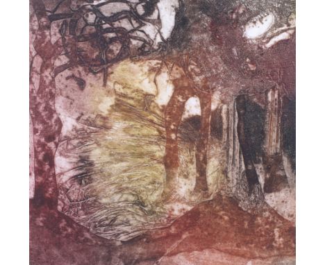 Sarah Ross-Thompson limited edition block print. 'Forestscapes 1', number 3/5. Signed and dated 2000, 30cm x 30cm, framed and