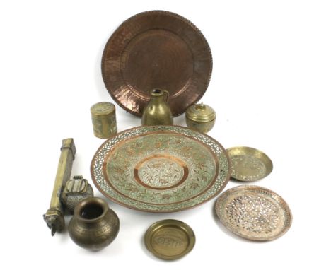 An assortment of Persian brass and copperware. Including pots and an Ottoman style 'Qalamdan Divit' scribe case with Inkwell,