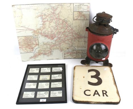 An assortment of Railwayana. Comprising a map, a '3 Car' enamel sign, 30cm x 36cm, and framed vintage L.N.E.R. tickets