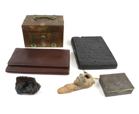 An assortment of vintage collectables. Including cold painted lead alloy metal model of 'kittens in a bag', a pipe, burr waln
