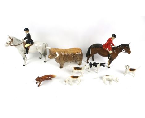 A set of vintage Beswick fox hunting figures, a bull and a calf. Including two riders, a fox and four hounds. Max. H21cm Cond