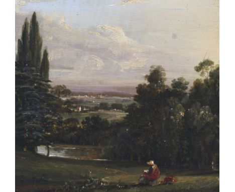 Circle of John Constable (1776-1837), oil on mahogany panel. 'Scene with lady seated in a Park', depicting a topographical vi
