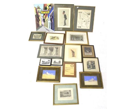 Thirteen prints and pictures. Including a 19th century Vanity fair coloured print 'The Ear', 36cm x 24cm, a pair of paintings