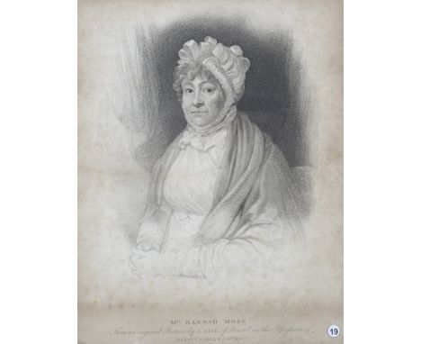 A 19th century print of a portrait. 'Mrs Hannah Moore', engraved by J. Godby from an original picture by E. Bird, 31cm x 24cm