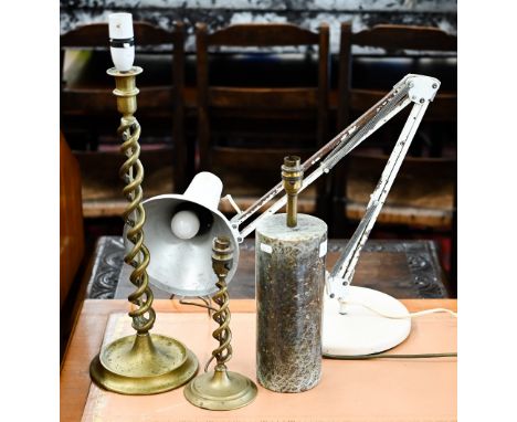 A serpentine marble cylindrical lamp-base, 26 cm high to/w a vintage anglepoise lamp a/f, and two brass open twist lamp bases