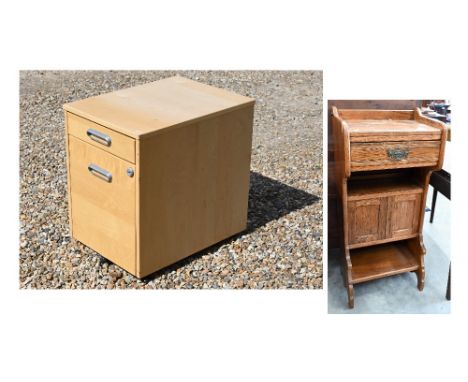 An Arts & Crafts golden oak stand with drawer, an open shelf and twin cupboard, 46 cm x 34 cm x 104 cm h to/w a modern filing