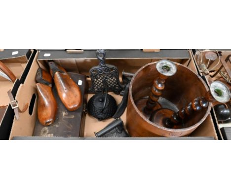 A vintage cylindrical wood peck (¼ bushel) grain measure, stamped 'ER (probably Edward VII) 523 LCC', to/w a pair of oak barl
