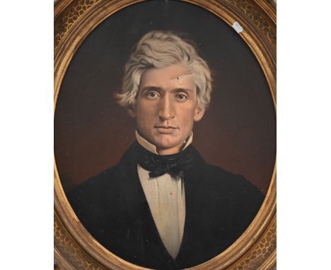 A 19th century English school oval portrait of a gentleman, oil on canvas, 58 x 48 cm in giltwood frame, for restoration, lar
