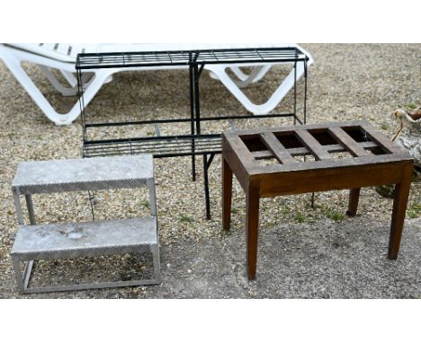 A vintage wooden luggage stand to/with a two tier metal plant stand and a galvanised two tread caravan step (3) 