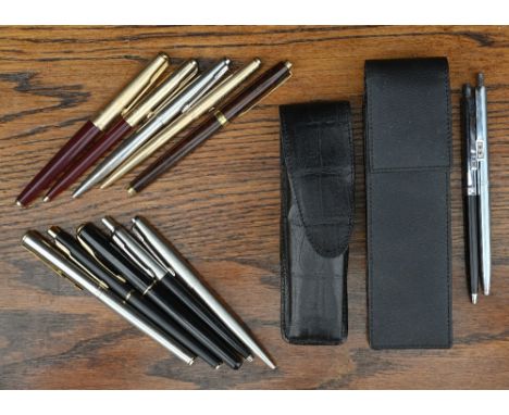 Four Parker fountain pens to/w six Parker ballpoint/rollerball pens; lot also includes two Papermate pens and two leather pen