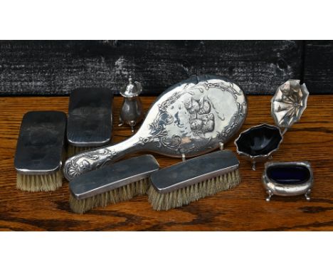 Two pairs of engine-turned silver brushes, Birmingham 1928, a silver mustard, salt and pepper (not a set), and a late Victori