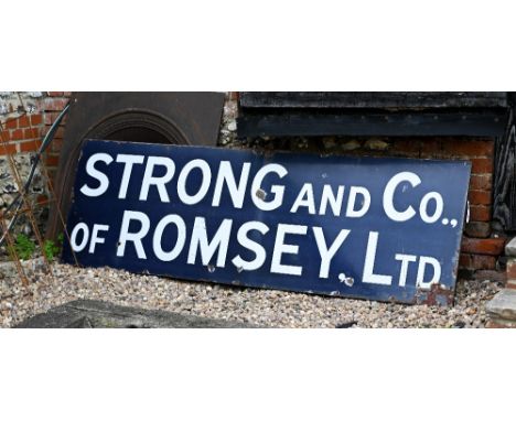 'Strong and Co of Romsey, Ltd', a large vintage enamel brewery sign, displaying damages, 206 cm x 65 cm h 