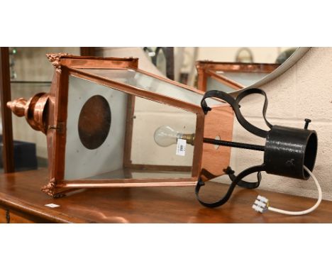 A Victorian style glazed copper street lamp/lantern on wrought iron mount, 92 cm high overall 