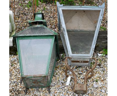 Two old tin, copper and glass street lamp lanterns, a/f (2) 