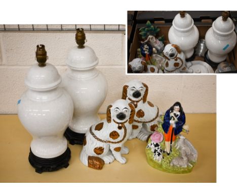 Two ceramic groups - shepherd and woodland nymph to/w a pair of gilt lustre spaniels, a pair of baluster table lamps etc (box