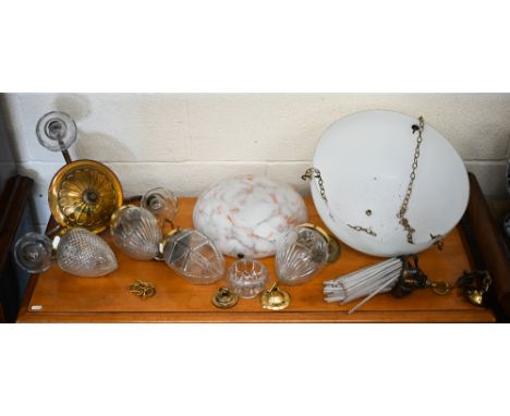 Four glass and brass ovoid ceiling lightshades, to/w two bowl-shades, a three-branch brass ceiling light and an Art Nouveau g