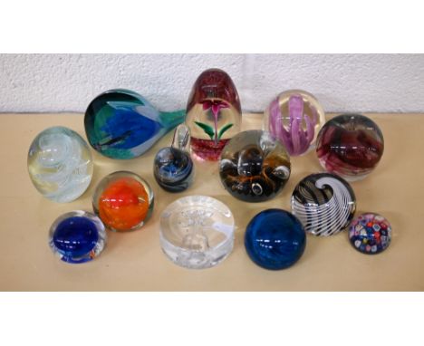A Caithness limited edition paperweight, 'Aqua Dew' no. 72/100, to/w a Strathern floral specimen weight, dated '77 and eleven