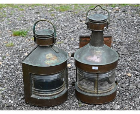 A large copper and brass ship's steaming lamp, 74 cm high overall to/w a similar 'Starboard' light, both by Telford, Grier &a
