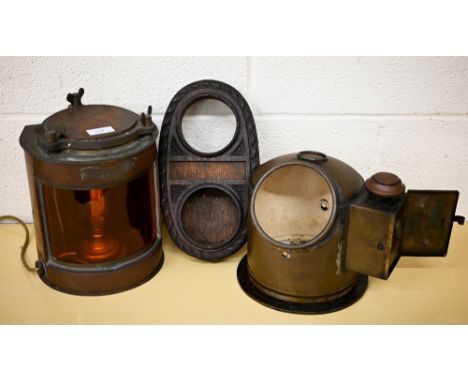 A maritime copper 'Towing' lamp with 'Seahorse' trade mark 28 cm&nbsp; to/w a compass binnacle cover and a rope-carved bulkhe