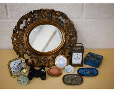 A 19th century carved giltwood oval wall mirror, 40 x 35 cm to/w a Chinese yellow ground enamel square dish, a cloisonné ciga