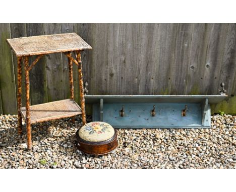 A Victorian bamboo two-tier occasional table to/w a circular gout stool with hinged tapestry top and a painted hall shelf wit