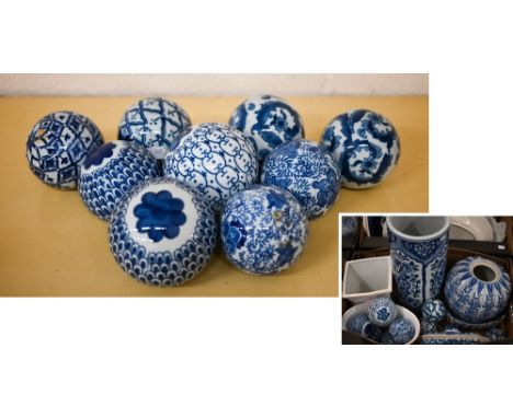 A blue and white pottery stick stand, to/w nine carpet-bowls, a tureen and cover and four vases and bowls (box) 