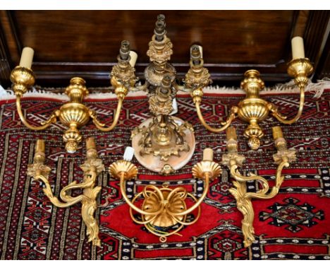 An ornate vintage brass candelabrum lamp on onyx base, to/w a pair of heavy brass twin-branch wall-lights, a pair of Rococo s