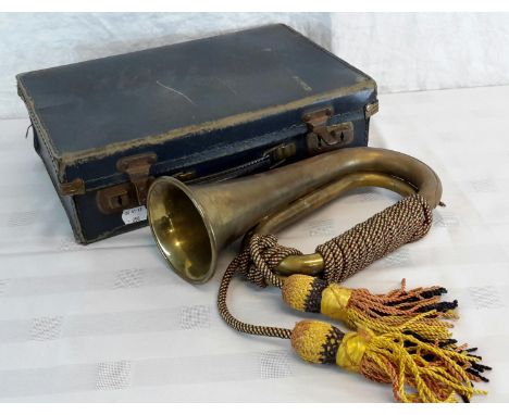 A military bugle with tassels & small blue case 