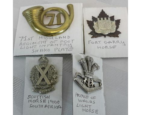 Scottish horse 1900 South African badge, Prince of Wales light horse badge, Fort Garry horse badge & 71st Highland regiment l
