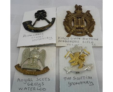 The Highland light infantry badge, sottish yeomanry badge, Royal Scots grey Waterloo badge & 1 other 