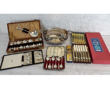 A collection of cutlery sets, EP 2 handled bowl & Chester silver napkin ring 