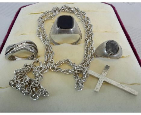 2 London/ Birmingham silver signet rings, 925 Silver ring, chain & cross.