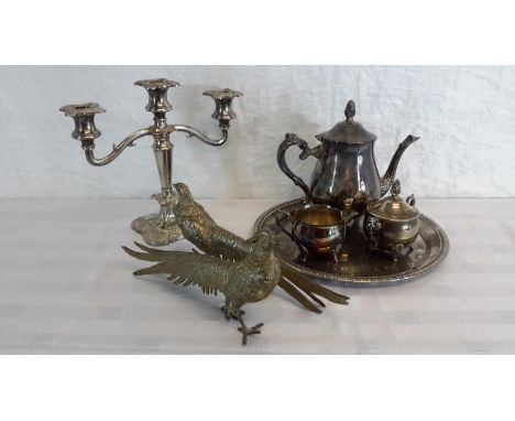 Silver plated candelabra, tea service & tray etc 