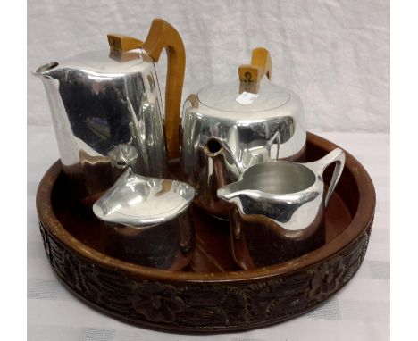 Wooden carved tray together with 4 piece Picquot tea service 