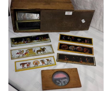 Wooden box filled with vintage light & dark hand painted slides & 1 other 