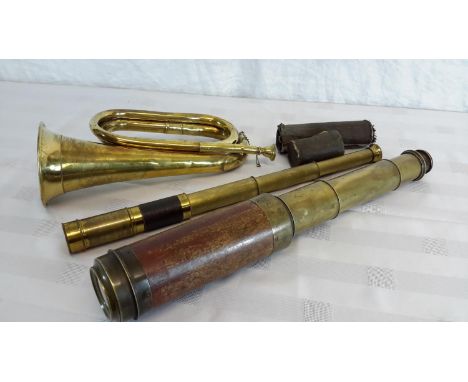 Military bugle together with 2 antique 3 pull brass scopes 