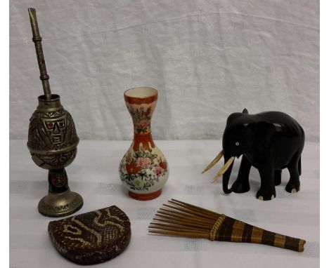 Argentina white metal opium pot, Japanese vase, African tribal comb & leather purse etc 