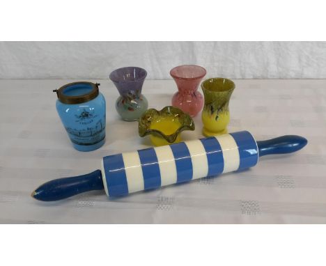 4 Pieces of Scottish art glass, Victorian Royal jubilee preserve & T.G.Green & co rolling pin.