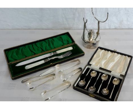 A mother of pearl handled serving set with Sheffield silver collars, various EP tongs, EP burner & EP spoon set 