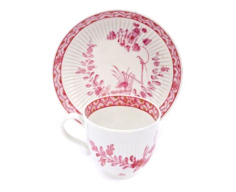 18th century Worcester reeded coffee cup and saucer, painted in puce in the Meissen style with flowers, circa 1772 CONDITION 
