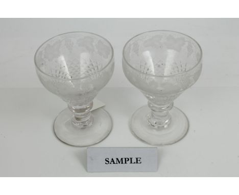 Set of six late 19th century glass rummers with vine etched and diamond cut bowls, knopped stems on splayed foot, 13.6cm high