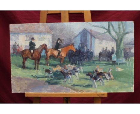 Jane Cursham (1935 - 2015), oil on board - Hunt Meet by the Village Oak, 43cm x 76cm, unframed, together with five further hu