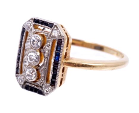Art Deco diamond plaque ring, the octagonal openwork plaque with old cut and rose cut diamonds and calibre cut blue stone bor
