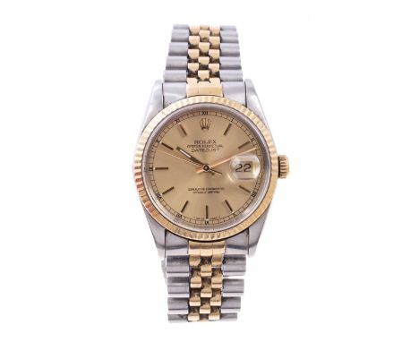 Gentlemen's Rolex Oyster Perpetual Date Just bi-metal wristwatch, model 16233, with circular gold dial, centre sweep seconds,