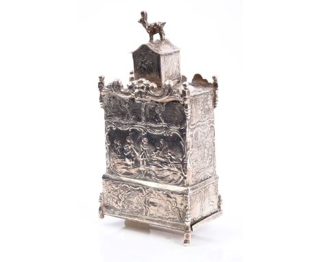 Late 19th / early 20th century Continental silver tea caddy of rectangular form, with panels of raised decoration depicting r