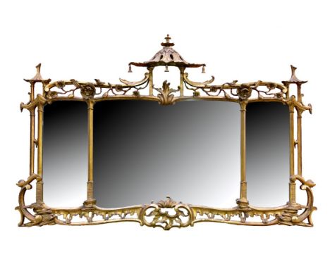Chinese Chippendale-style peripheral plate wall mirror with three shaped plates within pierced asymmetric C-scroll and floral