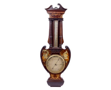 Late Victorian inlaid mahogany aneroid barometer / thermometer, the classical form case decorated with classical figures and 