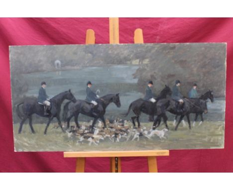 Jane Cursham (1935 - 2015), oil on board - Huntsmen and hounds before a lake, 51cm x 102cm, together with six further hunting