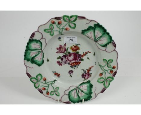 18th century Longton Hall polychrome painted plate with moulded strawberries and leaves, bold painted flowers by the 'Trembly