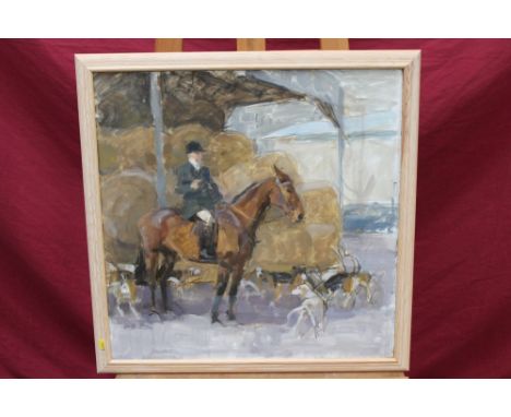 Jane Cursham (1935 - 2015), oil on board - Huntsmen and hounds gathered, 46cm x 60cm, framed, together with three further fra